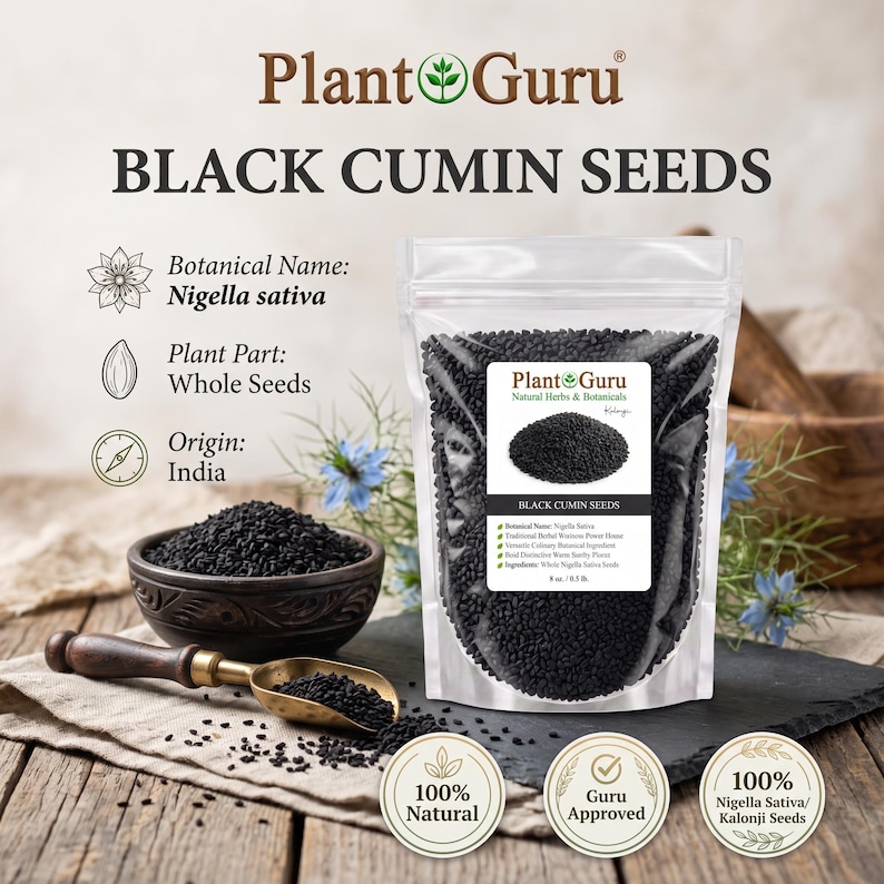 May include: A clear plastic pouch of Plant Guru black cumin seeds labeled Nigella sativa, whole seeds, origin India, 8 oz / 0.5 lb. The pouch features a white label with text and a seed image, accompanied by a dark bowl and a metal scoop of seeds.