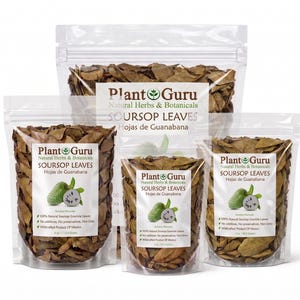 May include: Three clear resealable plastic pouches filled with dried brown soursop leaves. Each label features the Plant Guru logo, the text SOURSOP LEAVES, an illustration of a green soursop fruit, and weight markings of 4 oz, 1 oz, and 1 oz.