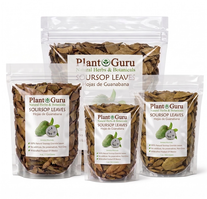 May include: Three clear resealable plastic pouches filled with dried brown soursop leaves. Each label features the Plant Guru logo, the text SOURSOP LEAVES, an illustration of a green soursop fruit, and weight markings of 4 oz, 1 oz, and 1 oz.