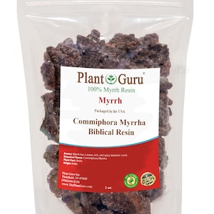 May include: A resealable bag of brown myrrh resin, labeled "Plant Guru 100% Myrrh Resin Myrrh Commiphora Myrrha Biblical Resin". The bag also includes the text "Aroma: Myrrh has a warm, rich, and spicy balsamic scent. Botanical Name: Commiphora Myrha Plant Part: Resin Origin: India Plant Guru Inc. Plainfield, NJ 07060 (908)444-8328 www.ThePlantGuru.com 2 oz."