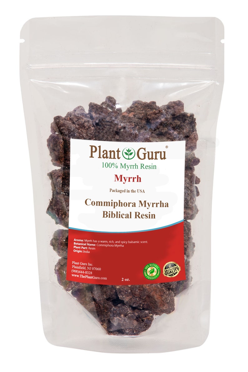 May include: A resealable bag of brown myrrh resin, labeled "Plant Guru 100% Myrrh Resin Myrrh Commiphora Myrrha Biblical Resin". The bag also includes the text "Aroma: Myrrh has a warm, rich, and spicy balsamic scent. Botanical Name: Commiphora Myrha Plant Part: Resin Origin: India Plant Guru Inc. Plainfield, NJ 07060 (908)444-8328 www.ThePlantGuru.com 2 oz."