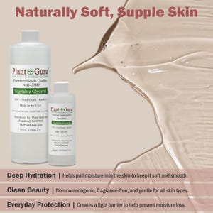 Puede incluir: Dos botellas de pl&aacute;stico transparente de glicerina vegetal Plant Guru con tapas blancas y etiquetas blancas. La botella grande es de 473 ml y la peque&ntilde;a de 118 ml. El texto incluye Naturally Soft, Supple Skin, Deep Hydration, Clean Beauty, Everyday Protection.