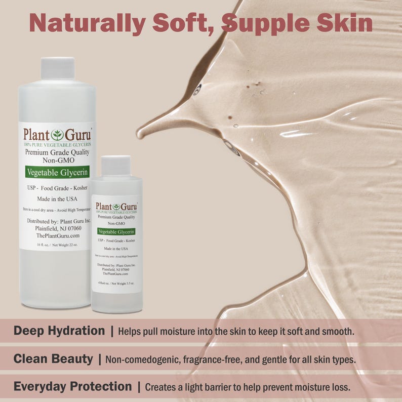 Puede incluir: Dos botellas de pl&aacute;stico transparente de glicerina vegetal Plant Guru con tapas blancas y etiquetas blancas. La botella grande es de 473 ml y la peque&ntilde;a de 118 ml. El texto incluye Naturally Soft, Supple Skin, Deep Hydration, Clean Beauty, Everyday Protection.