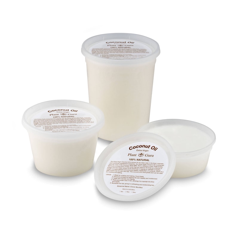 May include: Three white plastic containers of different sizes filled with white coconut oil. The containers have brown labels with the text "Coconut Oil", "Plant Guru", and "100% NATURAL".