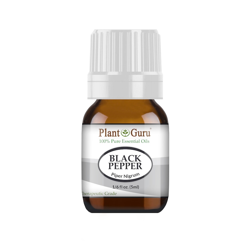 May include: A small amber glass bottle of Plant Guru Black Pepper essential oil. The label reads "Black Pepper Piper Nigrum" and "1/6 fl oz. (5ml)". The bottle has a white cap.