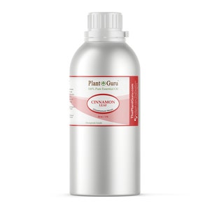 May include: A large, silver metal bottle of cinnamon leaf essential oil. The label reads "Plant Guru 100% Pure Essential Oil" and "Cinnamon Leaf". The bottle contains 16 fl oz / 1 lb of oil.