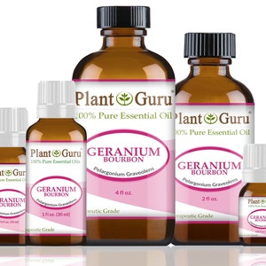 May include: Four amber glass bottles of Geranium Bourbon essential oil, labeled "Plant Guru 100% Pure Essential Oils". The bottles are in various sizes, from 1 fl oz to 4 fl oz. The labels are pink and white with the text "Geranium Bourbon Pelargonium Graveolens" and "Therapeutic Grade".