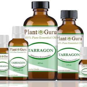 May include: Four amber glass bottles of Plant Guru 100% Pure Essential Oil Tarragon, Artemisia Dracunculus, Therapeutic Grade. The bottles are labeled with the brand name, product name, botanical name, size, and grade. The bottles are arranged in order of size, from smallest to largest.