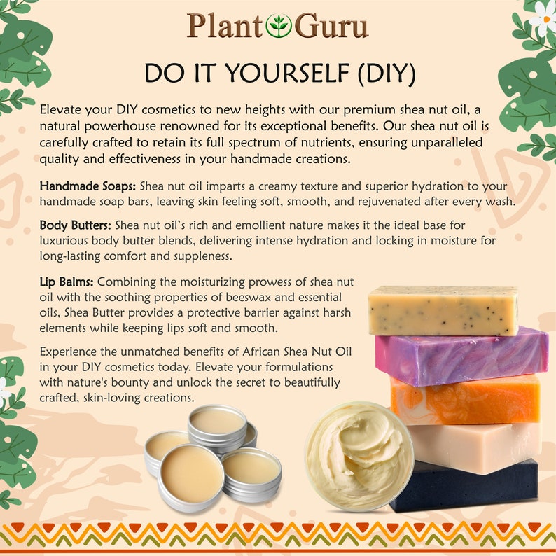 Puede incluir: Imagen con jabones artesanales coloridos, b&aacute;lsamos labiales en peque&ntilde;os recipientes y un remolino de manteca de karit&eacute;. El texto dice "Plant Guru DO IT YOURSELF (DIY)" y describe los beneficios del aceite de karit&eacute; para cosm&eacute;ticos DIY.