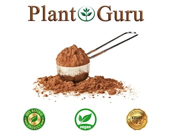 May include: A scoop of brown powder, possibly cocoa, sits on a white surface. The scoop is silver and has a long handle. The text "Plant Guru" is at the top. The image also includes "100% Natural Product", "vegan", and "Kosher Certified" labels.