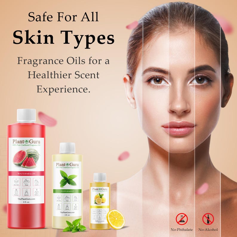 K&ouml;nnte beinhalten: Drei Flaschen Plant Guru Duft&ouml;le in den Sorten Wassermelone, Pfefferminze und Zitrone. Der Text lautet Safe For All Skin Types, Fragrance Oils for a Healthier Scent Experience, No-Phthalate und No-Alcohol. Die Flaschen haben 237 ml, 118 ml und 30 ml.