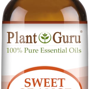May include: A brown glass bottle of Plant Guru Sweet Orange essential oil. The label includes the text "100% Pure Essential Oils" and "Citrus Sinensis". The bottle contains 1/3 fl oz (10 ml).