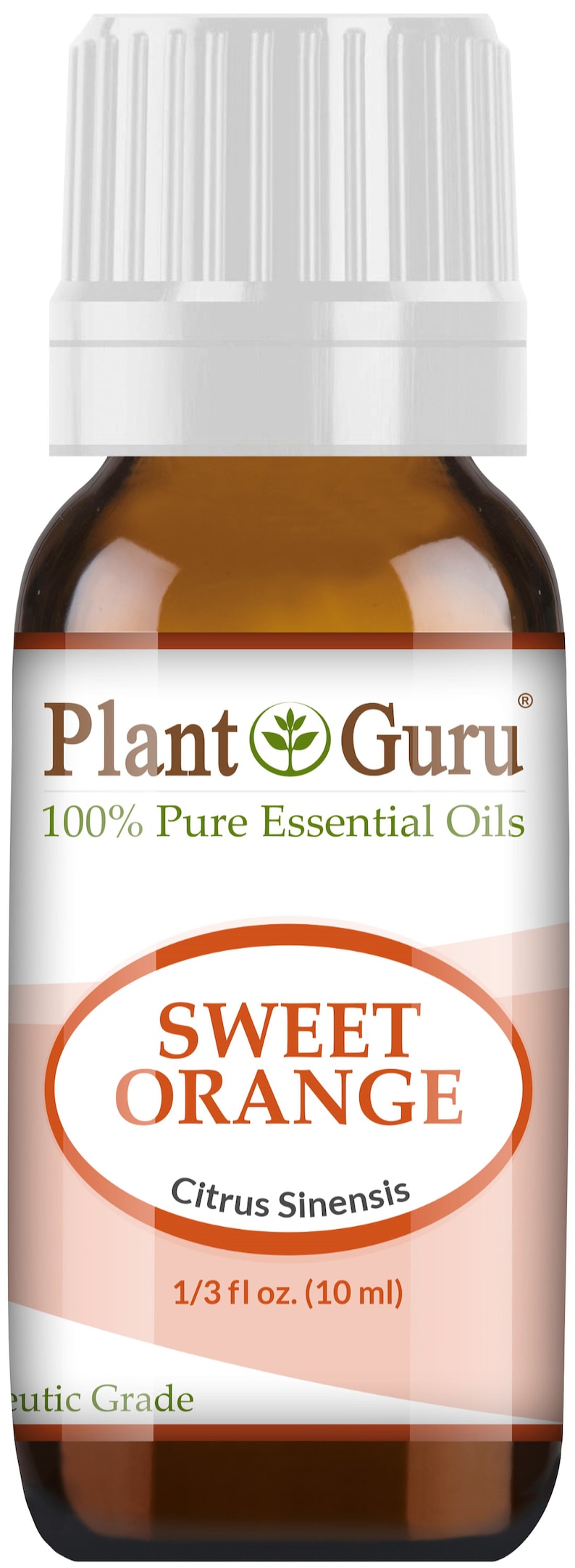 May include: A brown glass bottle of Plant Guru Sweet Orange essential oil. The label includes the text "100% Pure Essential Oils" and "Citrus Sinensis". The bottle contains 1/3 fl oz (10 ml).