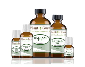 May include: A collection of amber glass bottles of Balsam Fir essential oil, ranging in size from small vials to larger bottles. Each bottle has a black cap and a white label with green text. The labels read "Plant Guru" and "Balsam Fir".