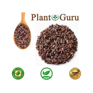 May include: Image of cocoa nibs, a natural product, displayed in a wooden spoon and a pile. The image includes the text "Plant Guru", and icons indicating the product is vegan, kosher, and 100% natural.