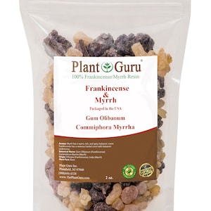 May include: A resealable pouch containing 2 ounces of Frankincense & Myrrh resin. The pouch is labeled "Plant Guru" and includes the botanical names for the resins, "Gum Olibanum Commiphora Myrrha", and the origin of the resins. The pouch also has a "100% Natural Premium Quality" seal.