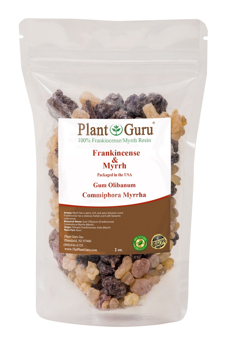 May include: A resealable pouch containing 2 ounces of Frankincense & Myrrh resin. The pouch is labeled "Plant Guru" and includes the botanical names for the resins, "Gum Olibanum Commiphora Myrrha", and the origin of the resins. The pouch also has a "100% Natural Premium Quality" seal.