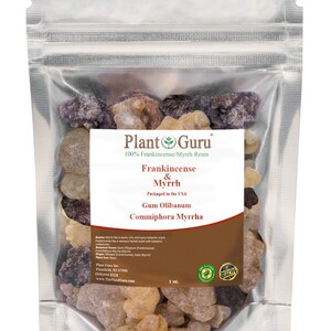 May include: A close-up of a resealable pouch containing a mixture of frankincense and myrrh resin. The pouch is labeled "Plant Guru 100% Frankincense/Myrrh Resin" and "Frankincense & Myrrh Gum Olibanum Commiphora Myrrha". The label also includes the text "Packaged in the USA" and "1 oz."