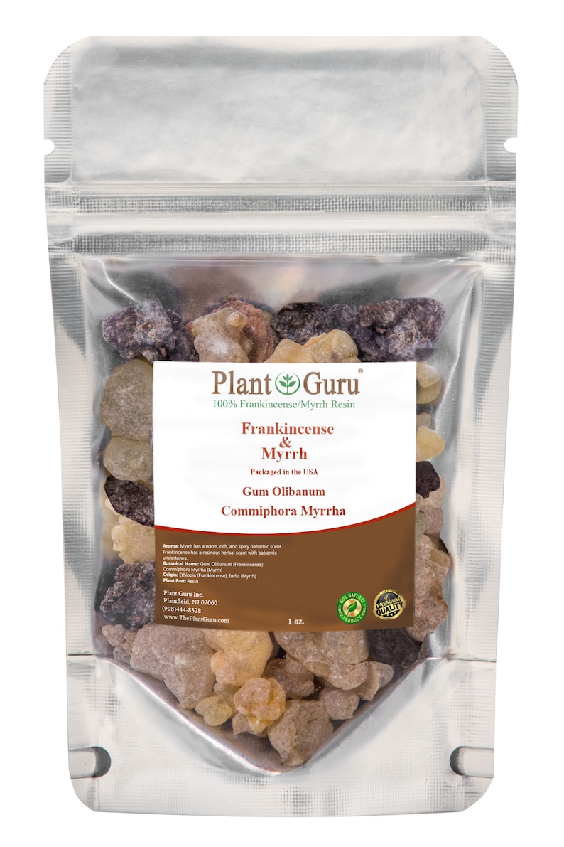 May include: A close-up of a resealable pouch containing a mixture of frankincense and myrrh resin. The pouch is labeled "Plant Guru 100% Frankincense/Myrrh Resin" and "Frankincense & Myrrh Gum Olibanum Commiphora Myrrha". The label also includes the text "Packaged in the USA" and "1 oz."