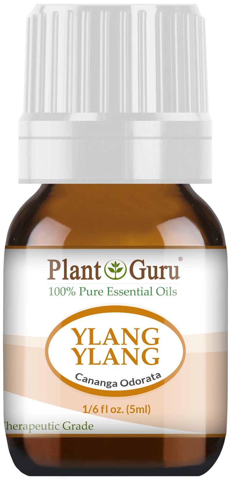 May include: A brown glass bottle of Ylang Ylang essential oil with a white cap. The label reads "Plant Guru 100% Pure Essential Oils" and "YLANG YLANG Cananga Odorata". The bottle contains 5ml of oil.