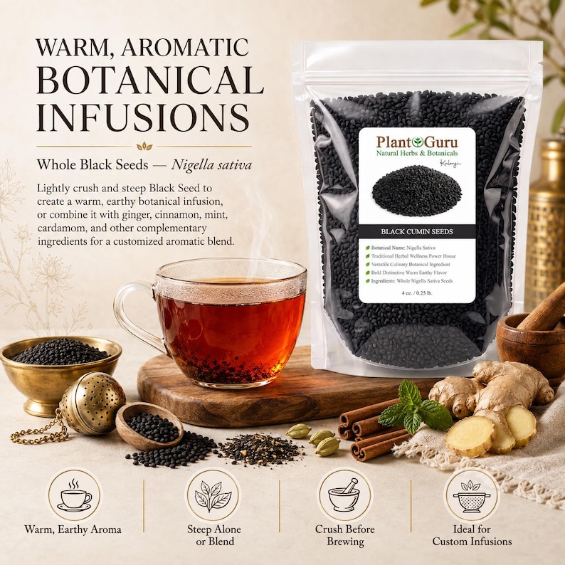 May include: A clear plastic pouch of whole black Nigella sativa seeds labeled Plant Guru Black Cumin Seeds 0.25 lb. Next to it is a glass cup of dark amber tea, a brass tea infuser, ginger root, cinnamon sticks, and loose black seeds on a wooden board.