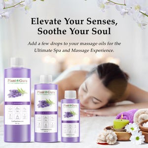 K&ouml;nnte beinhalten: Drei violette Flaschen Lavendel-&Auml;therisches &Ouml;l von Plant Guru. Die Flaschen sind mit dem Wort "LAVENDER" beschriftet und zeigen einen Lavendelzweig. Das Bild enth&auml;lt den Text "Elevate Your Senses, Soothe Your Soul."