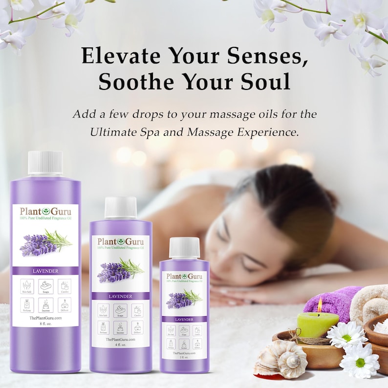 K&ouml;nnte beinhalten: Drei violette Flaschen Lavendel-&Auml;therisches &Ouml;l von Plant Guru. Die Flaschen sind mit dem Wort "LAVENDER" beschriftet und zeigen einen Lavendelzweig. Das Bild enth&auml;lt den Text "Elevate Your Senses, Soothe Your Soul."