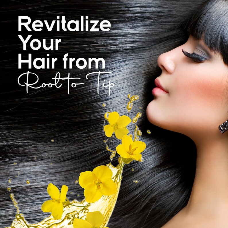 May include: Image features a woman with long, dark hair. The text "Revitalize Your Hair from Root to Tip" is displayed in white. Yellow flowers and a golden liquid splash are in the foreground, suggesting a hair care product.