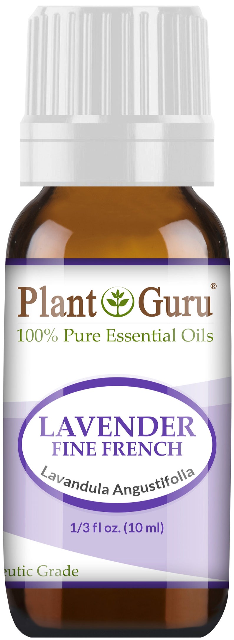 Puede incluir: Botella de vidrio marr&oacute;n de aceite esencial Plant Guru Lavanda Fina Francesa. La etiqueta incluye el texto "100% Pure Essential Oils" y "Lavandula Angustifolia". La botella contiene 10 ml.