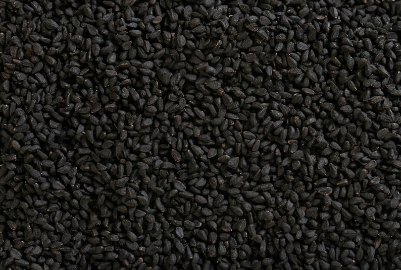 May include: Close-up shot of a pile of black seeds. The seeds are small, oval-shaped, and densely packed together, filling the frame. The color is a deep, uniform black, with a slightly glossy sheen.