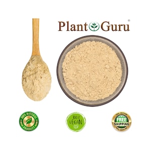 May include: A light tan powder in a gray bowl and on a wooden spoon. The Plant Guru logo is at the top. The image also includes green circular badges that say "100% Natural Product", "100% Vegan", and "Free Shipping".