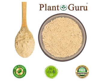 May include: A light tan powder in a gray bowl and on a wooden spoon. The Plant Guru logo is at the top. The image also includes green circular badges that say "100% Natural Product", "100% Vegan", and "Free Shipping".