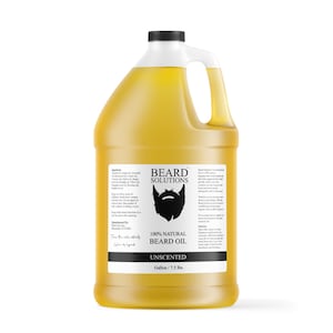 May include: A large yellow plastic jug of unscented beard oil. The label reads "BEARD SOLUTIONS 100% NATURAL BEARD OIL" with a graphic of a beard. The jug contains 1 gallon or 7.5 lbs of oil.