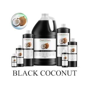 May include: A collection of black bottles and a large black jug of "Black Coconut" fragrance oil by Plant Guru. The bottles vary in size, with a coconut graphic on the label. The text "Black Coconut" is displayed at the bottom.