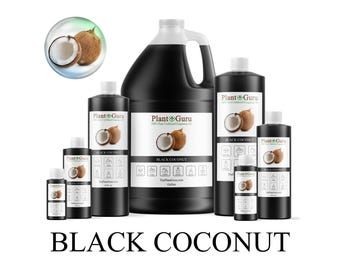 May include: A collection of black bottles and a large black jug of "Black Coconut" fragrance oil by Plant Guru. The bottles vary in size, with a coconut graphic on the label. The text "Black Coconut" is displayed at the bottom.
