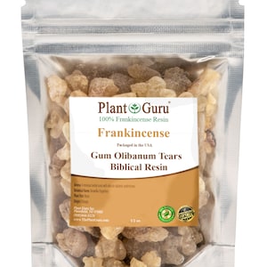 May include: A clear plastic bag filled with small, light brown and amber colored frankincense resin tears. The bag has a label that reads "Plant Guru 100% Frankincense Resin Frankincense Gum Olibanum Tears Biblical Resin". The label also includes the text "Packaged in the USA" and "1/2 oz."
