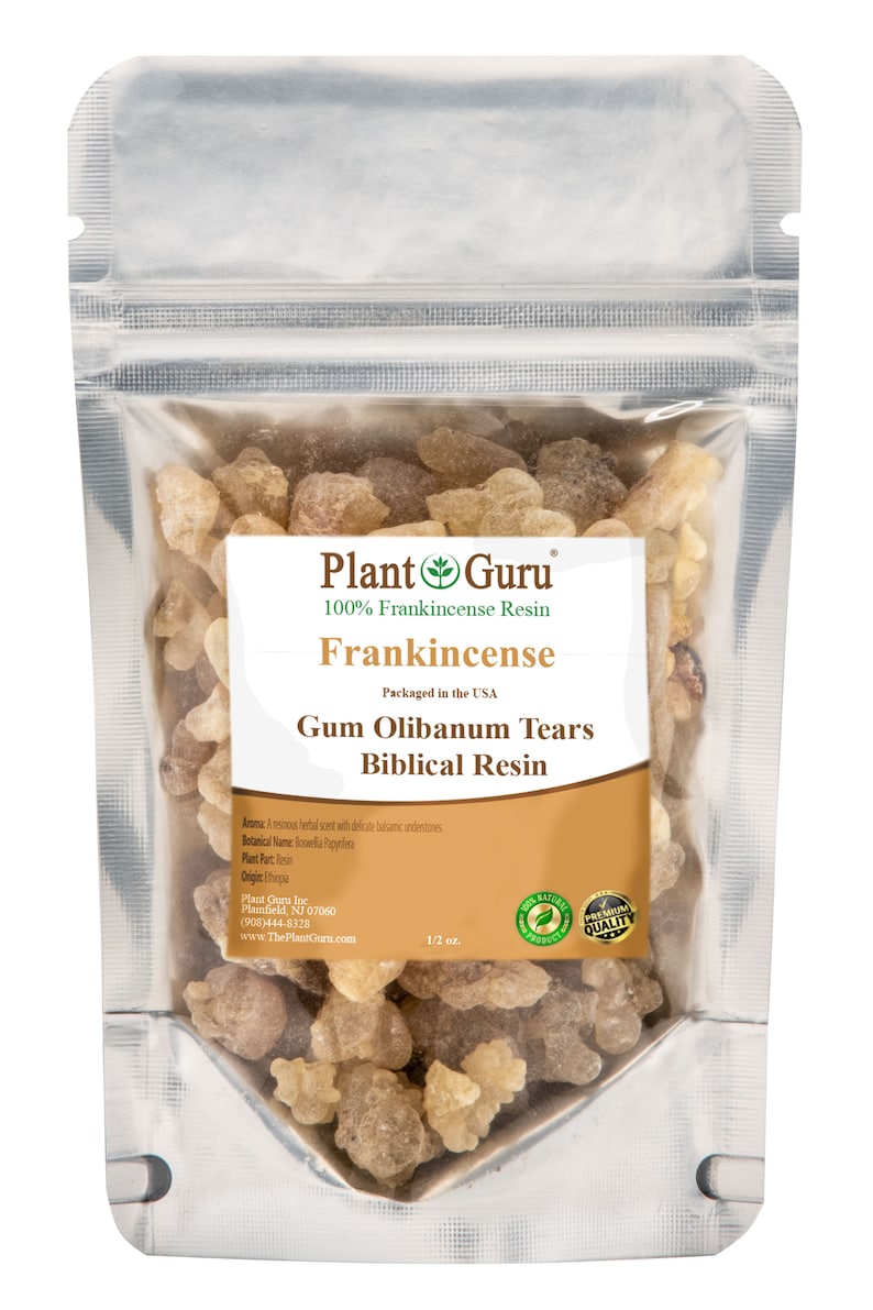 May include: A clear plastic bag filled with small, light brown and amber colored frankincense resin tears. The bag has a label that reads "Plant Guru 100% Frankincense Resin Frankincense Gum Olibanum Tears Biblical Resin". The label also includes the text "Packaged in the USA" and "1/2 oz."