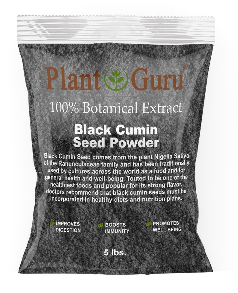 May include: A clear plastic bag filled with black cumin seed powder. The bag features the "Plant Guru" logo and text stating "100% Botanical Extract" and "Black Cumin Seed Powder." The bag contains 5 lbs of product.