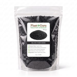 May include: A clear plastic stand-up pouch filled with black cumin seeds. The white label features the text Plant Guru, Natural Herbs & Botanicals, Kalonji, Black Cumin Seeds, Botanical Name: Nigella Sativa, and a net weight of 4 oz. / 0.25 lb.