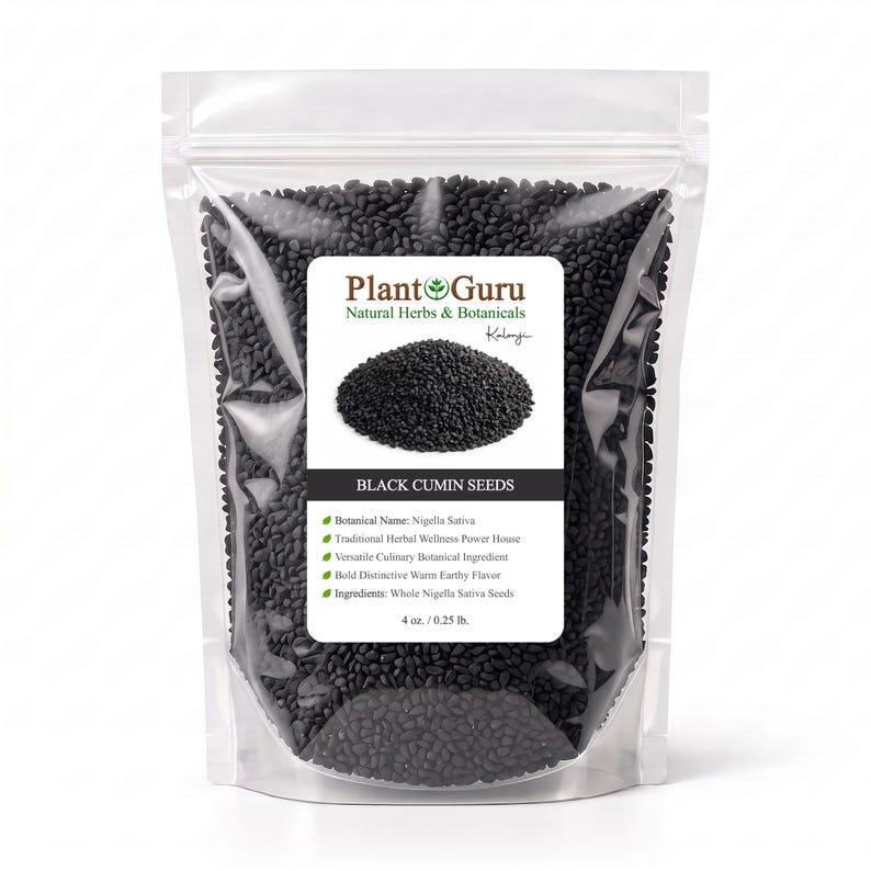 May include: A clear plastic stand-up pouch filled with black cumin seeds. The white label features the text Plant Guru, Natural Herbs & Botanicals, Kalonji, Black Cumin Seeds, Botanical Name: Nigella Sativa, and a net weight of 4 oz. / 0.25 lb.