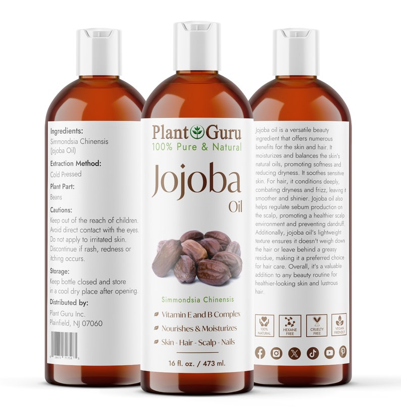 May include: Three amber-coloured bottles of Plant Guru Jojoba Oil. Each bottle has a white cap and a label with the product name, ingredients, and benefits. The bottles contain 473 ml of oil.
