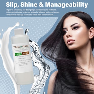 Op de afbeelding: Een heldere fles Plant Guru haarproduct, met de tekst "VG 70% PG 30%" en "8 fl oz". De afbeelding toont ook een vrouw met lang, donker haar en de woorden "Slip, Shine & Manageability".