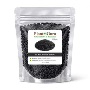 May include: A clear plastic stand-up pouch filled with small, dark black cumin seeds. The white label features the text Plant Guru, Natural Herbs & Botanicals, Black Cumin Seeds, Botanical Name: Nigella Sativa, Ingredients: Whole Nigella Sativa Seeds, and 1 oz. / 28 grams.