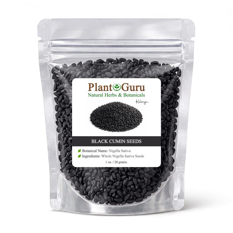 May include: A clear plastic stand-up pouch filled with small, dark black cumin seeds. The white label features the text Plant Guru, Natural Herbs & Botanicals, Black Cumin Seeds, Botanical Name: Nigella Sativa, Ingredients: Whole Nigella Sativa Seeds, and 1 oz. / 28 grams.