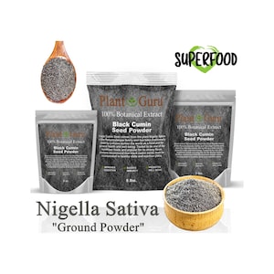 May include: An image showcasing bags and a wooden spoon filled with black cumin seed powder. The bags are labeled "Plant Guru" and "Black Cumin Seed Powder". The text "Nigella Sativa" and "Ground Powder" are also visible.