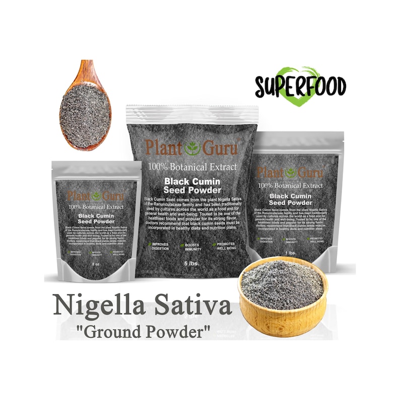 May include: An image showcasing bags and a wooden spoon filled with black cumin seed powder. The bags are labeled "Plant Guru" and "Black Cumin Seed Powder". The text "Nigella Sativa" and "Ground Powder" are also visible.