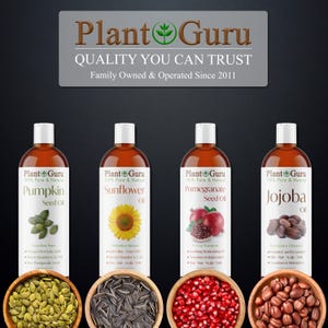 May include: An image showcasing four bottles of Plant Guru oils: Pumpkin Seed Oil, Sunflower Oil, Pomegranate Seed Oil, and Jojoba Oil. Each bottle is labeled with its name and a description. Below each bottle is a wooden bowl filled with the corresponding seeds or fruit.