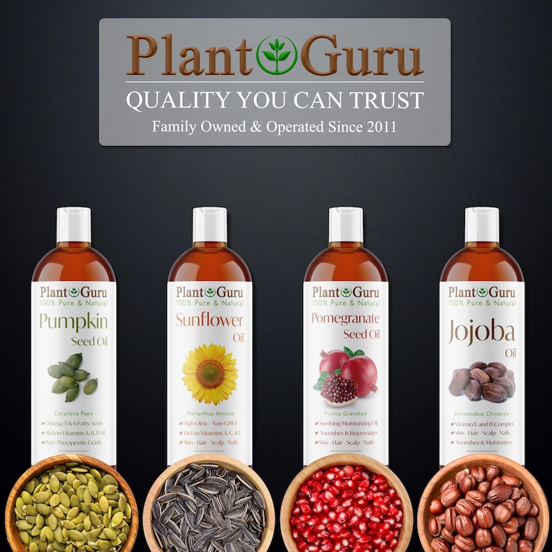May include: An image showcasing four bottles of Plant Guru oils: Pumpkin Seed Oil, Sunflower Oil, Pomegranate Seed Oil, and Jojoba Oil. Each bottle is labeled with its name and a description. Below each bottle is a wooden bowl filled with the corresponding seeds or fruit.