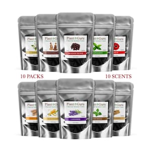 May include: Ten packs of Plant Guru charcoal incense cones in silver pouches. Each pouch is labeled with a scent, including Jasmine, Dragons Blood, and Lavender. The text "10 Packs" and "10 Scents" are also visible.