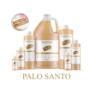 May include: Various sizes of Palo Santo fragrance bottles and jugs are displayed, ranging from small to large. The bottles are filled with a light amber liquid and feature a label with the text "Plant Guru" and "Palo Santo". The image also includes a bundle of Palo Santo sticks.